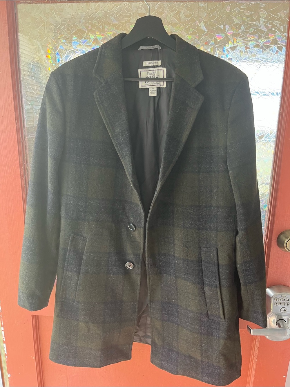 Jos A banks Men's Dark Green Plaid Wool Blend Overcoat - Classic Single-Breasted
